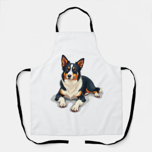 Vintage Tricolor Border Collie Portrait Dog Illust Apron