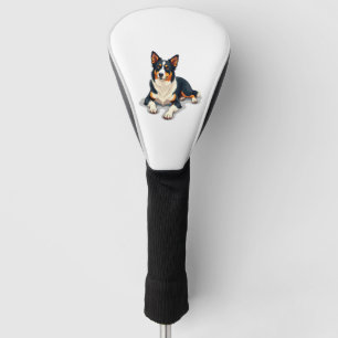 Vintage Tricolor Border Collie Portrait Dog Illust Golf Head Cover