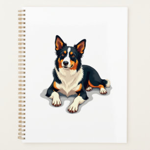 Vintage Tricolor Border Collie Portrait Dog Illust Planner