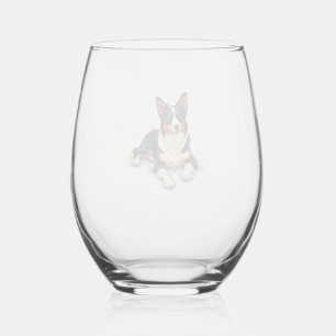 Vintage Tricolor Border Collie Portrait Dog Illust Stemless Wine Glass