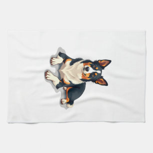 Vintage Tricolor Border Collie Portrait Dog Illust Tea Towel