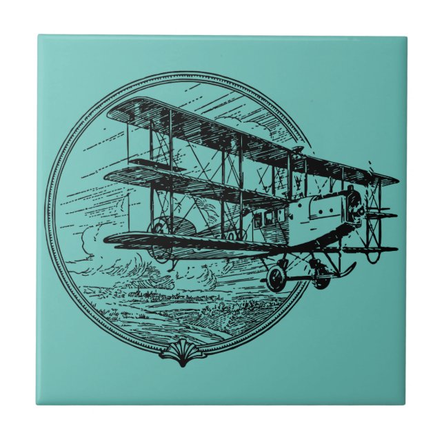 Vintage Triplane Drawing - Retro Aviation Art on Tile (Front)