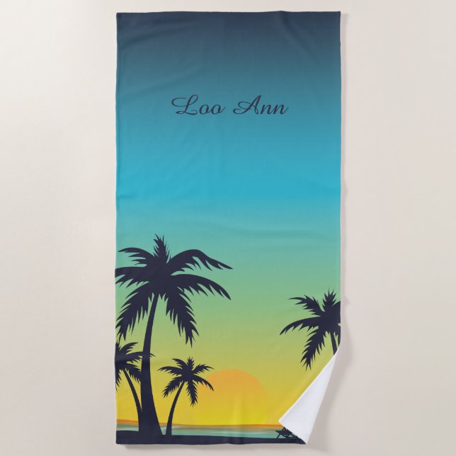 Vintage Tropical Beach Summer Sunset Palm Tree  Beach Towel (Front)