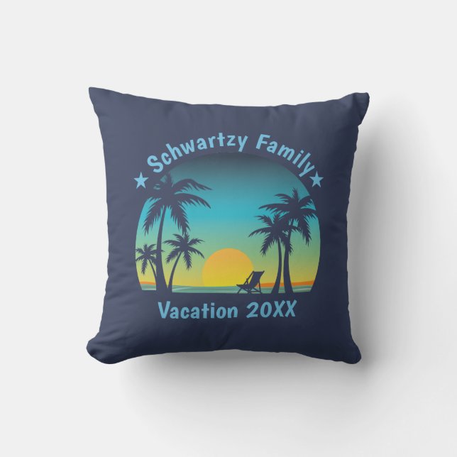 Vintage Tropical Beach Summer Sunset Palm Tree Cushion (Front)