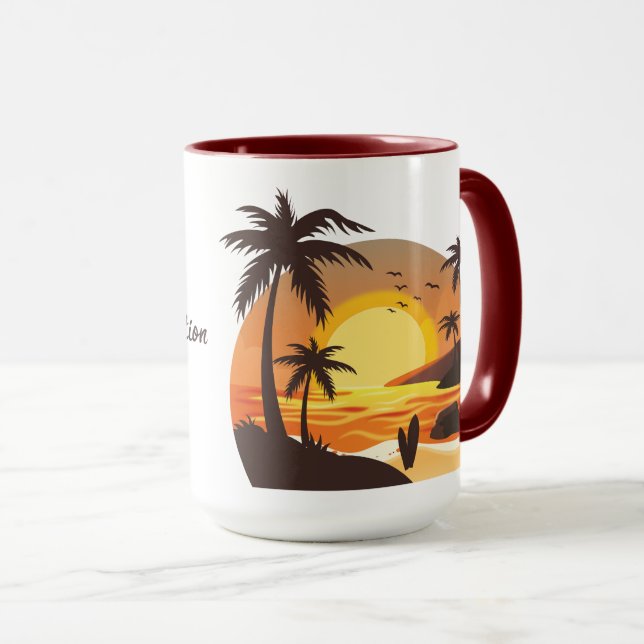 Vintage Tropical Beach Summer Sunset Palm Tree Mug (Front Right)