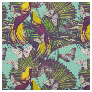 Vintage tropical bird and butterfly print fabric
