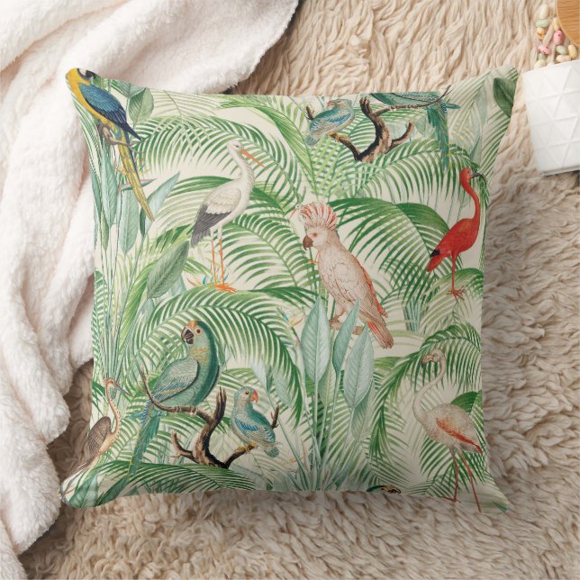 Vintage Tropical Birds and Palm leaves Cushion (Blanket)