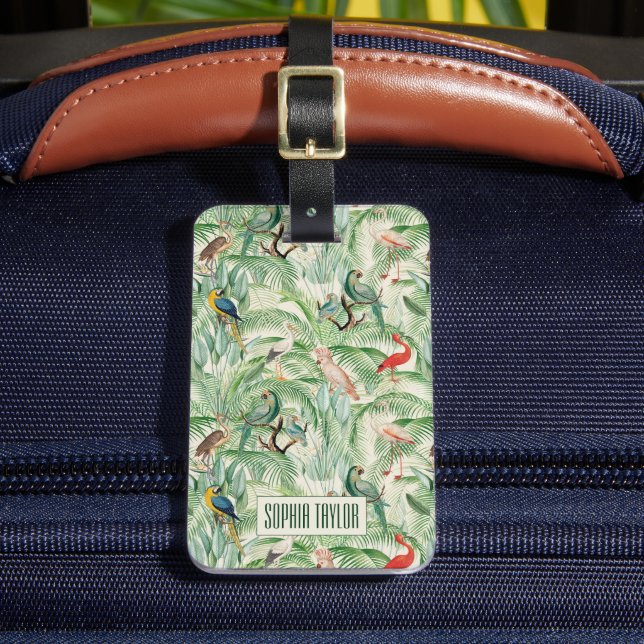 Vintage Tropical Birds and Palm leaves Luggage Tag (Front Insitu 2)