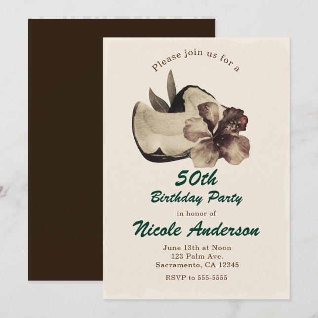 Vintage Tropical Coconut & Hibiscus Invitations (Front/Back)