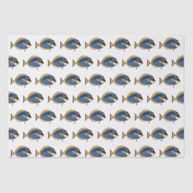Vintage Tropical Fish Drawing Blue Gold Tissue Paper (Front)