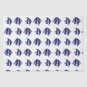 Vintage Tropical Fish Drawing Blue Striped Tissue Paper