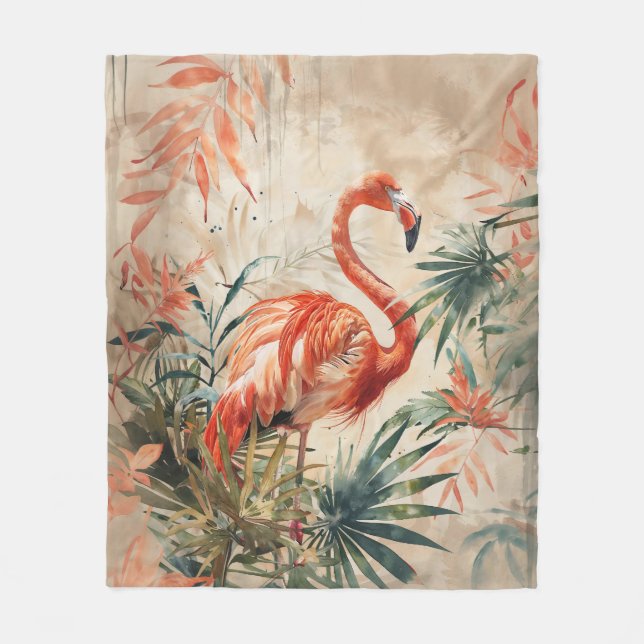 Vintage Tropical Flamingo Fleece Blanket (Front)