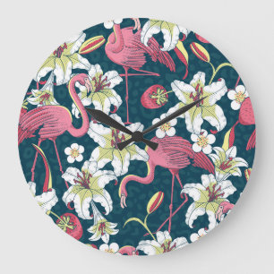 Vintage Tropical Flamingoes Lilies Pattern Large Clock