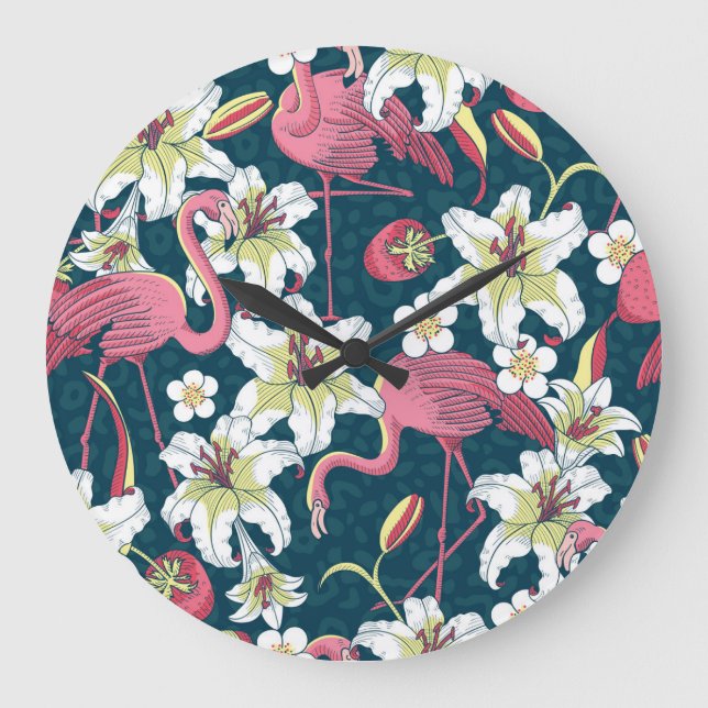 Vintage Tropical Flamingoes Lilies Pattern Large Clock (Front)