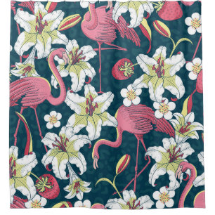Vintage Tropical Flamingoes Lilies Pattern Shower Curtain