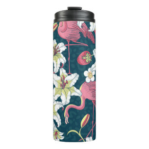 Vintage Tropical Flamingoes Lilies Pattern Thermal Tumbler
