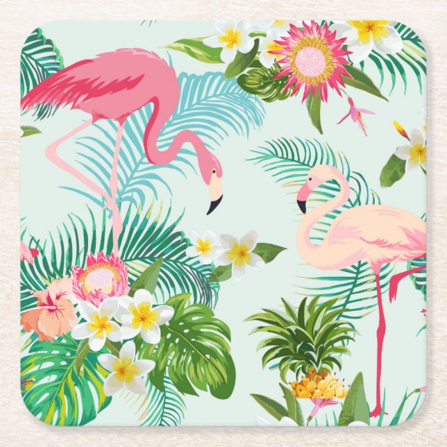 Vintage Tropical Flowers And Birds Square Paper Coaster (Front)