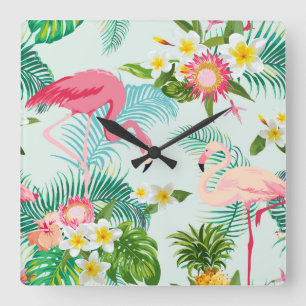 Vintage Tropical Flowers And Birds Square Wall Clock