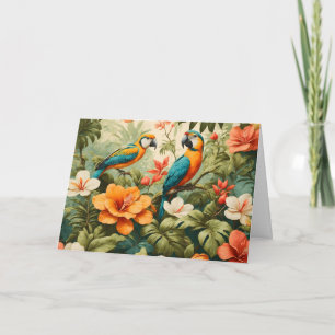 Vintage Tropical Flowers, Plants and Parrots Card