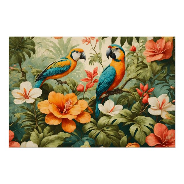 Vintage Tropical Flowers, Plants and Parrots Poster (Front)