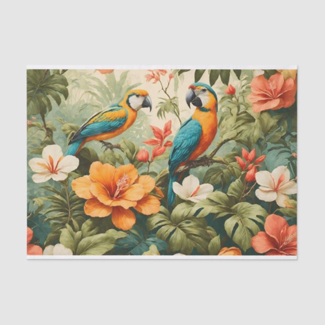 Vintage Tropical Flowers, Plants and Parrots Tissue Paper (Front)