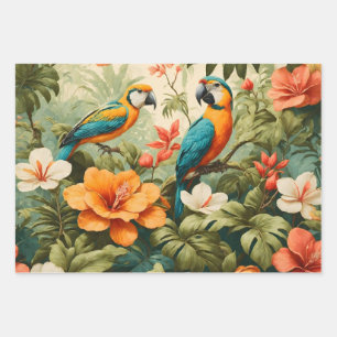 Vintage Tropical Flowers, Plants and Parrots Wrapping Paper Sheet