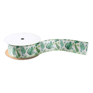 Vintage Tropical green leaves selection Satin Ribbon