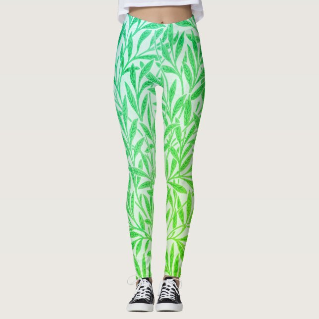 Vintage Tropical Green Willow Leaves Botanical Leggings (Front)