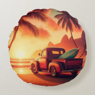 vintage tropical/Hawaiian surf truck Round Cushion