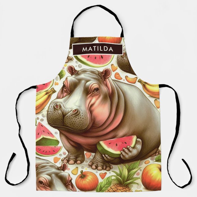 Vintage Tropical Hippopotamus Pattern Apron (Front)