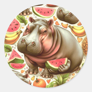 Vintage Tropical Hippopotamus Pattern Classic Round Sticker