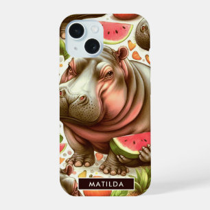 Vintage Tropical Hippopotamus Pattern iPhone 15 Case