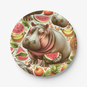 Vintage Tropical Hippopotamus Pattern Paper Plate