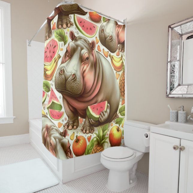 Vintage Tropical Hippopotamus Pattern Shower Curtain (In Situ)