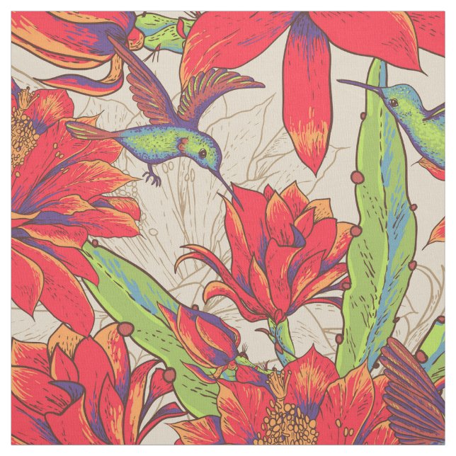 Vintage tropical hummingbird and cactus flower fabric (Swatch)