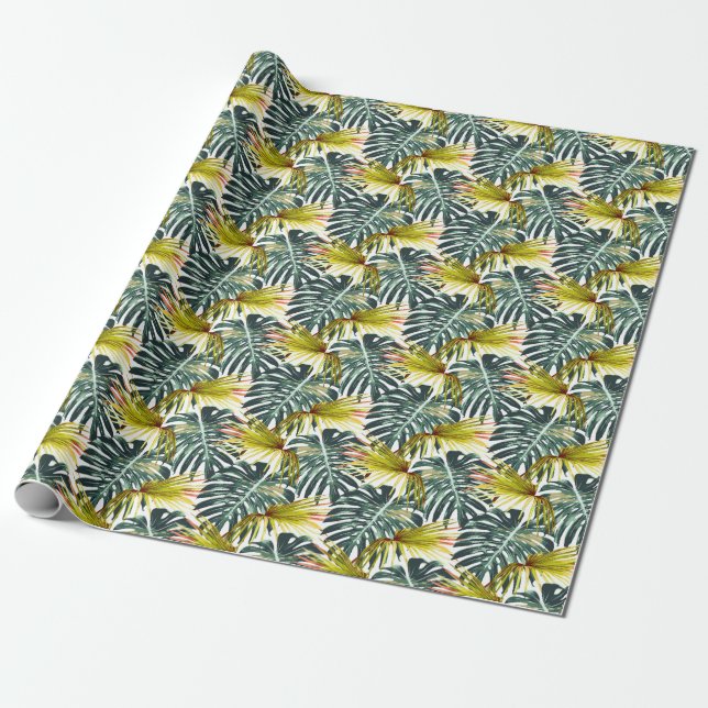 Vintage Tropical Jungle Leaves Pattern Wrapping Paper (Unrolled)