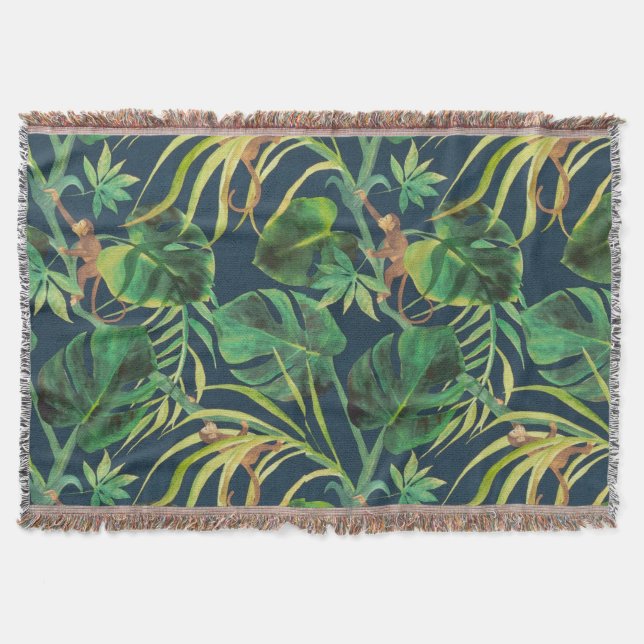Vintage Tropical Jungle Monkey Throw Blanket (Front)
