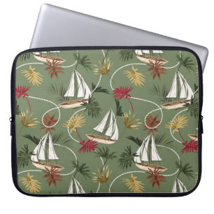 Vintage tropical leaves, boat, and sailor rope sea laptop sleeve