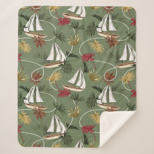 Vintage tropical leaves, boat, and sailor rope sea sherpa blanket