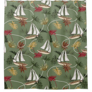 Vintage tropical leaves, boat, and sailor rope sea shower curtain