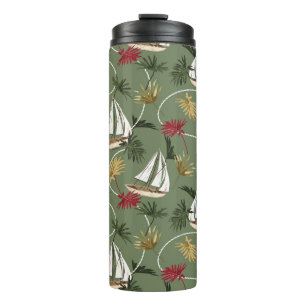 Vintage tropical leaves, boat, and sailor rope sea thermal tumbler