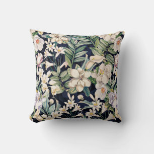 Vintage Tropical Night Flowers Throw Pillow