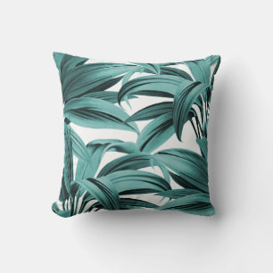 Vintage Tropical Palm Botanical Watercolor Teal Cushion