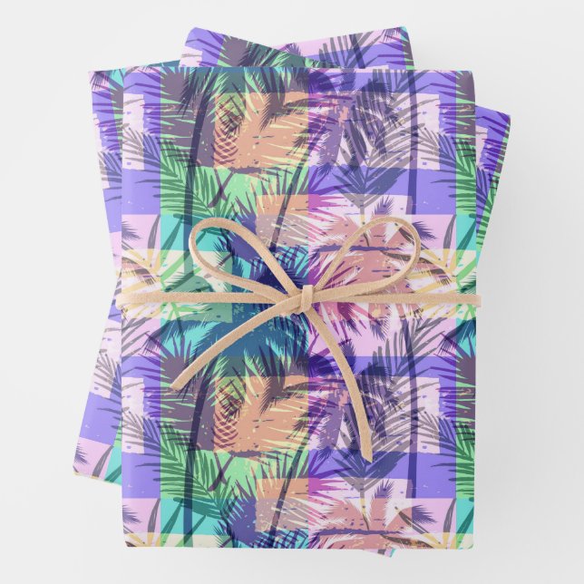 Vintage Tropical Palm Tree Collage Wrapping Paper Sheet (In situ)