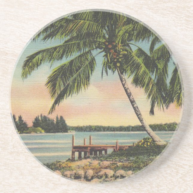 Vintage Tropical Palm Tree Sunset Coaster (Front)