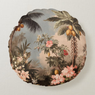 Vintage Tropical Paradise with Palm Trees Round Cushion