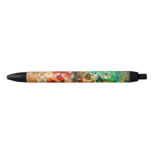 Vintage Tropical Parrot Jungle Floral Hibiscus Black Ink Pen