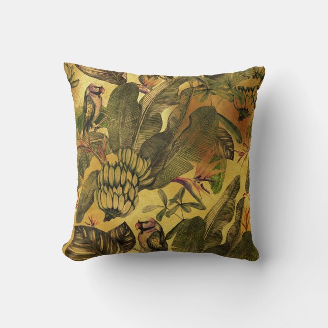 Vintage tropical parrots and leaves cushion (Front)