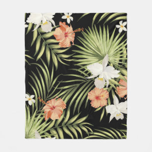vintage tropical pattern with hibiscus flowers and fleece blanket