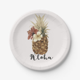 Vintage Tropical Pineapple Hibiscus Floral Aloha Paper Plate